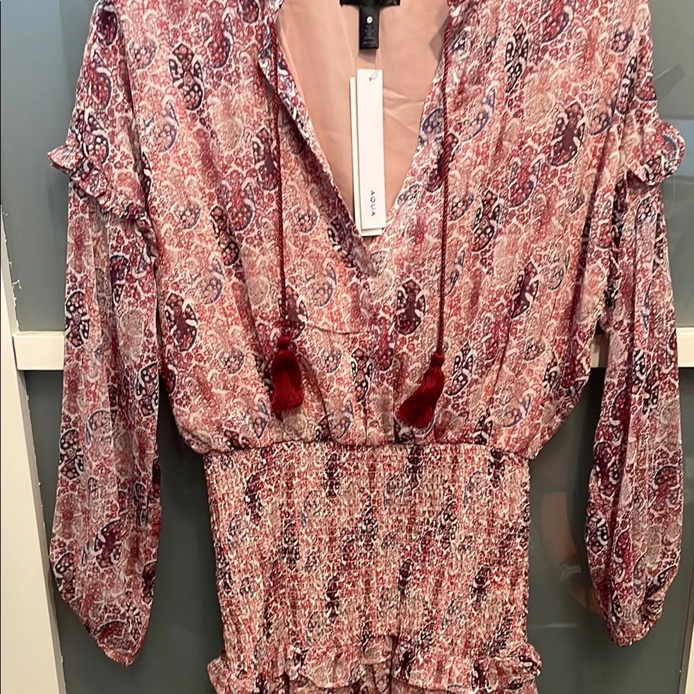 AQUA Pink Lined Patterned Ruffled Dress, Fairy Boho Peasant Dress, NWT